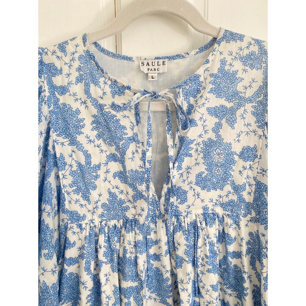 Saule Parc Tuckernuck Blue Floral Block Print Midi Peasant Cottage Dress L - Picture 2 of 5
